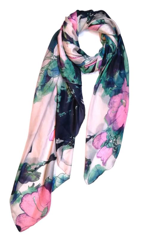 Scarf 100% Silk Paj Festive Colorful Flower Pink Green Beige Black